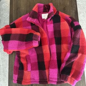 a new day Plaid Teddy Jacket - Pink, Red, and Black